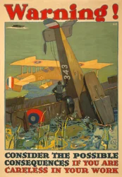 Warnung! Bedenken Sie die möglichen Konsequenzen, wenn Sie bei der Arbeit unvorsichtig sind, ca. 1917